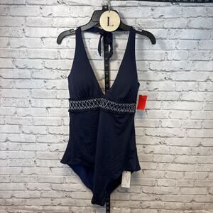 Heidi Klein Smock Swimsuit Navy White - Size Large - NWT
